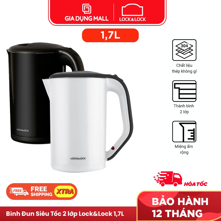 Ấm Đun Siêu Tốc Inox 2 lớp Lock&Lock EJK738 (1.7L) Chính Hãng. Vỏ nhựa PP an toàn. Lòng thép không gỉ. Đế xoay 360 độ.