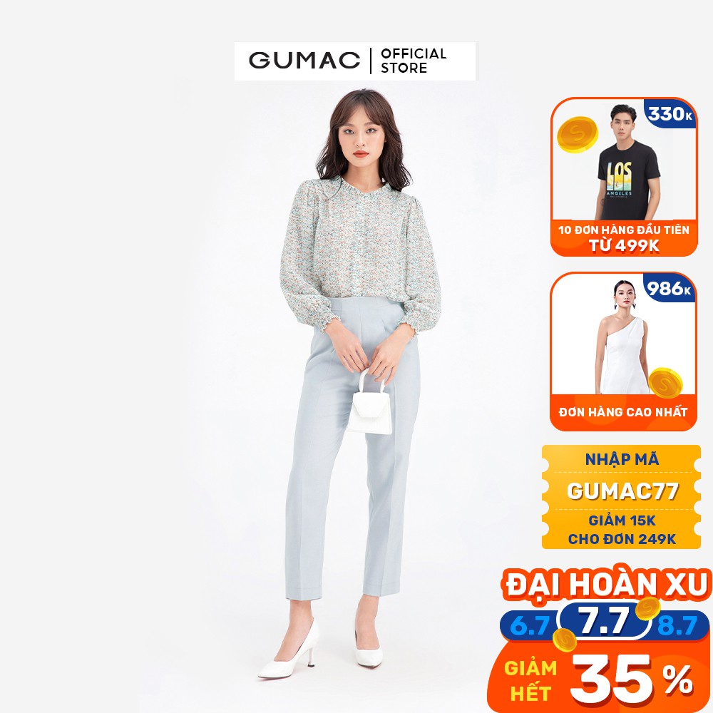 Áo sơ mi tay nhún GUMAC họa tiết hoa xinh xắn AB602