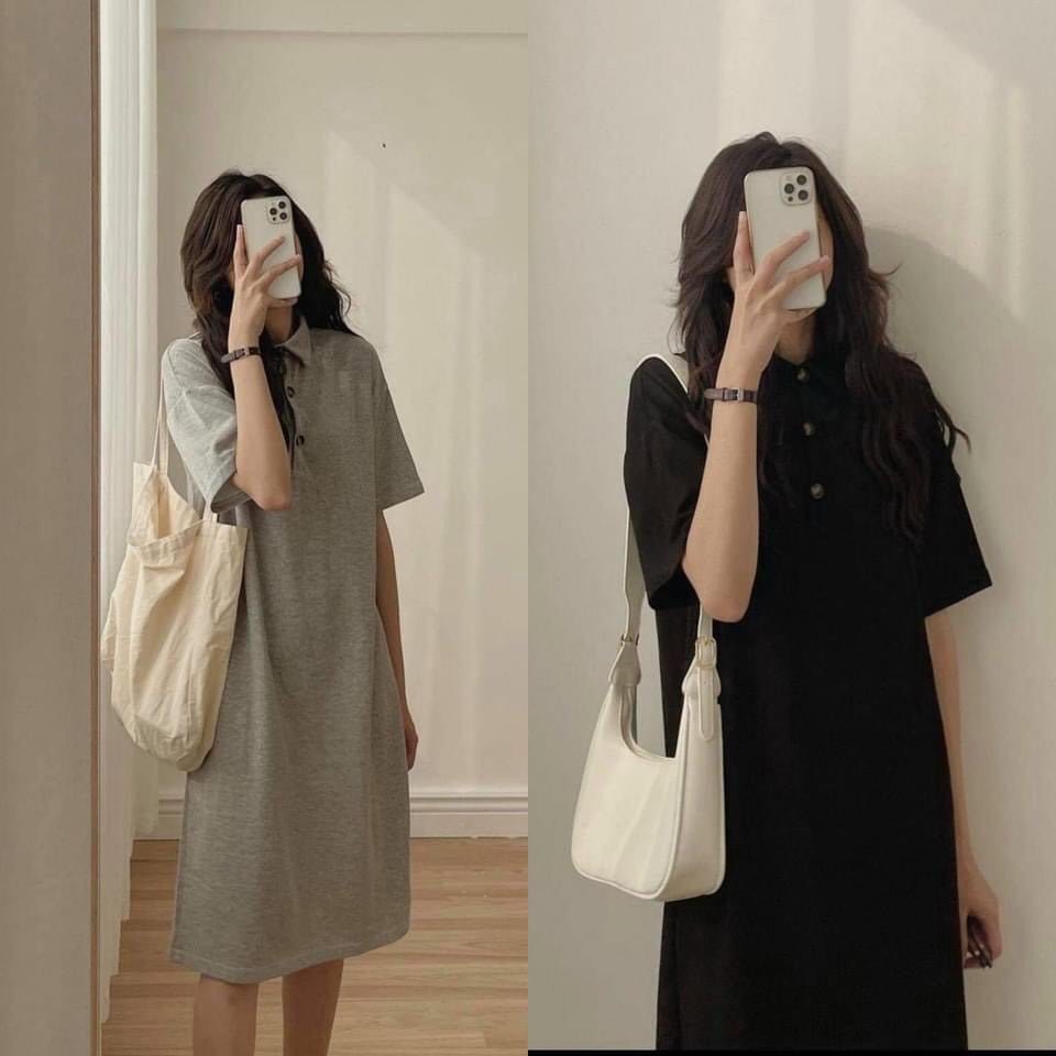 Đầm dáng suông màu đen trơn, ảnh thật