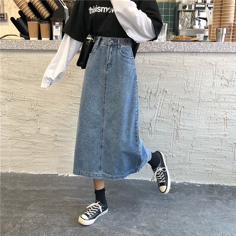 Chân Váy Denim Dài Xẻ Tà Kiểu Retro Thời Trang Mùa Thu Năng Động