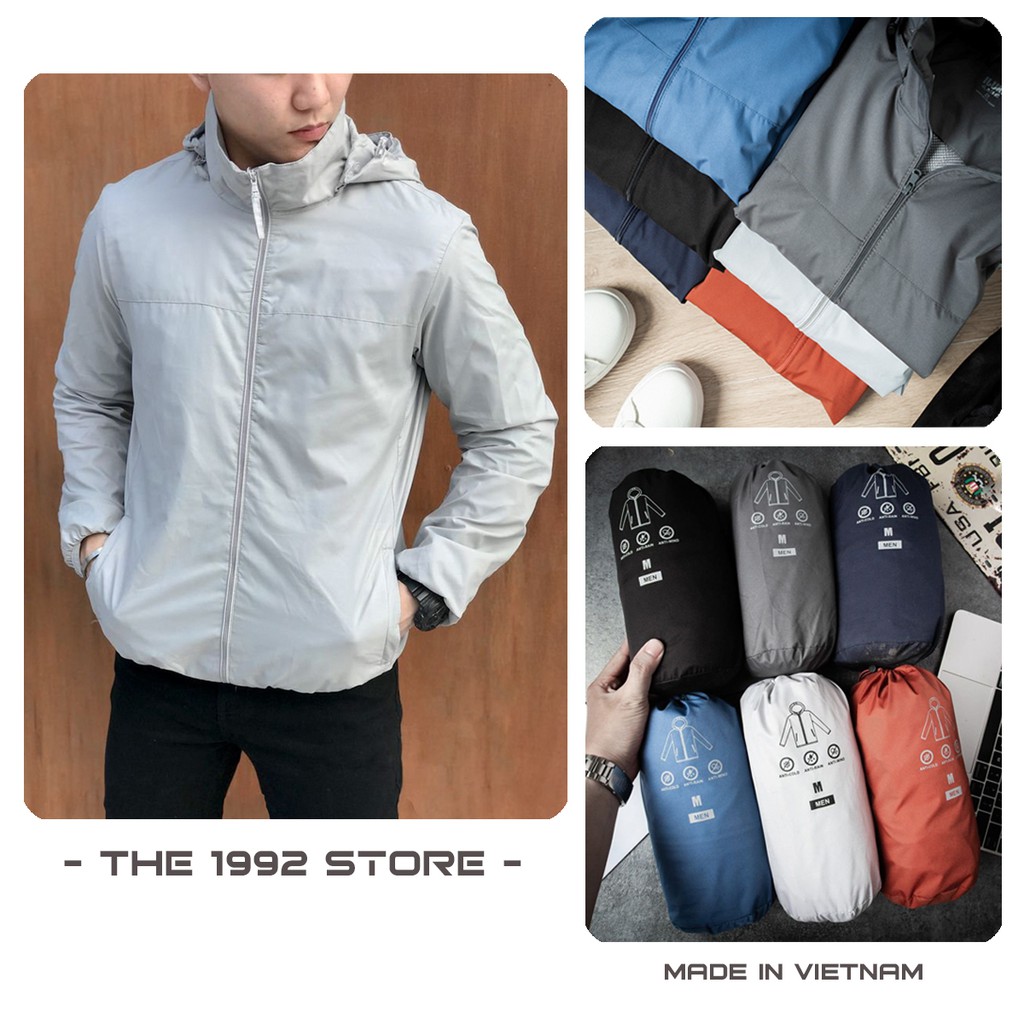 Áo khoác dù chống nước vải gân hạt gạo THE 1992 Khoác gió thể thao 7 màu kèm túi đựng G-03