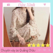Váy nữ hoa nhí xinh đẹp dáng dài suông xòe nhẹ vintage bánh bèo 2 lớp thắt nơ eo - 063