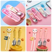  Bộ thìa dĩa đũa tập ăn inox 304 cho bé giúp bé tập xúc và tập gắp happy cat