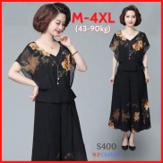 Set Bộ Trung Niên, Set Đồ Bộ Voan 2 Lớp Quần Ống Rộng, Kiểu Áo Tay Cánh Tiên In Hoa | Thời Trang Trung Niên Nữ Big Size