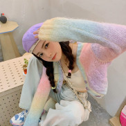 Áo Khoác Cardigan Dệt Kim Dáng Ngắn In Hoa Màu Cầu Vồng Dễ Thương