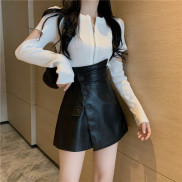 Cchân váy ngắn da PU/ áo dệt kim khóa kéo thời trang