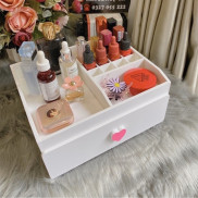 ( Tặng lọ đựng cọ trang điểm ) Kệ đựng mỹ phẩm trắng tim hồng 25cm tiện dụng có khay đựng son 16 ô