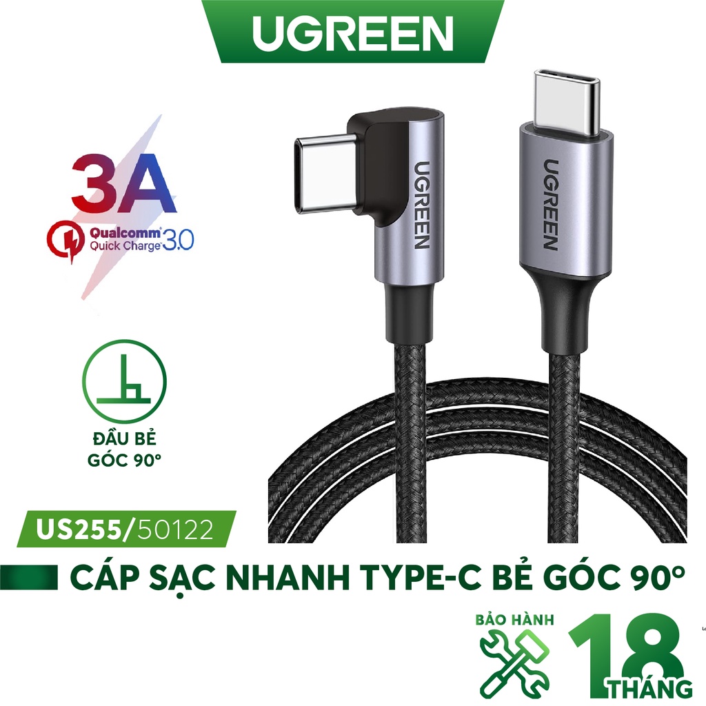 Cáp sạc và truyền dữ liệu 2 cổng USB type C, bẻ góc 90 độ, sạc nhanh PD 60W, dòng 3A dài 0.5-2m UGREEN US255 50123