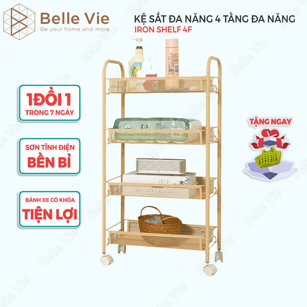 Kệ Sắt Đa Năng 4 Tầng BELLIVE Kệ Đa Năng Khay Lưới Sơn Tĩnh Điện Có Bánh Xe Tiện Lợi