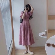 Đầm - váy ulzzang cổ tròn dây buộc nơ eo tay bồng dàng dài qua gối