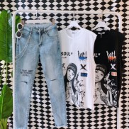 Quần jean nam xanh chất jean mẫu mới jean co dãn rách gối chữ nổi cao cấp