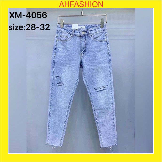 Quần jean nam cao cấp chất bò xanh rách gối co dãn in chữ AHFASHION MS4056