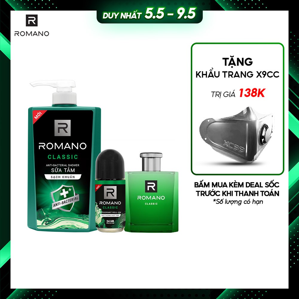 Combo Romano: Sữa tắm sạch khuẩn Classic 650G + Nước hoa Classic 50ml + Lăn khử mùi Classic 50ml
