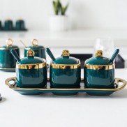 Hũ gia vị sứ, bộ đựng gia vị sứ trắng và xanh cổ vịt kèm khay thìa cao cấp hàng nhập khẩu 3 ngăn 4 ngăn