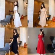 Đầm maxi dài xòe 2 lớp cổ vuông đan dây rút điều chỉnh eo tôn dáng - Alita Dress(Có Ảnh Thật)