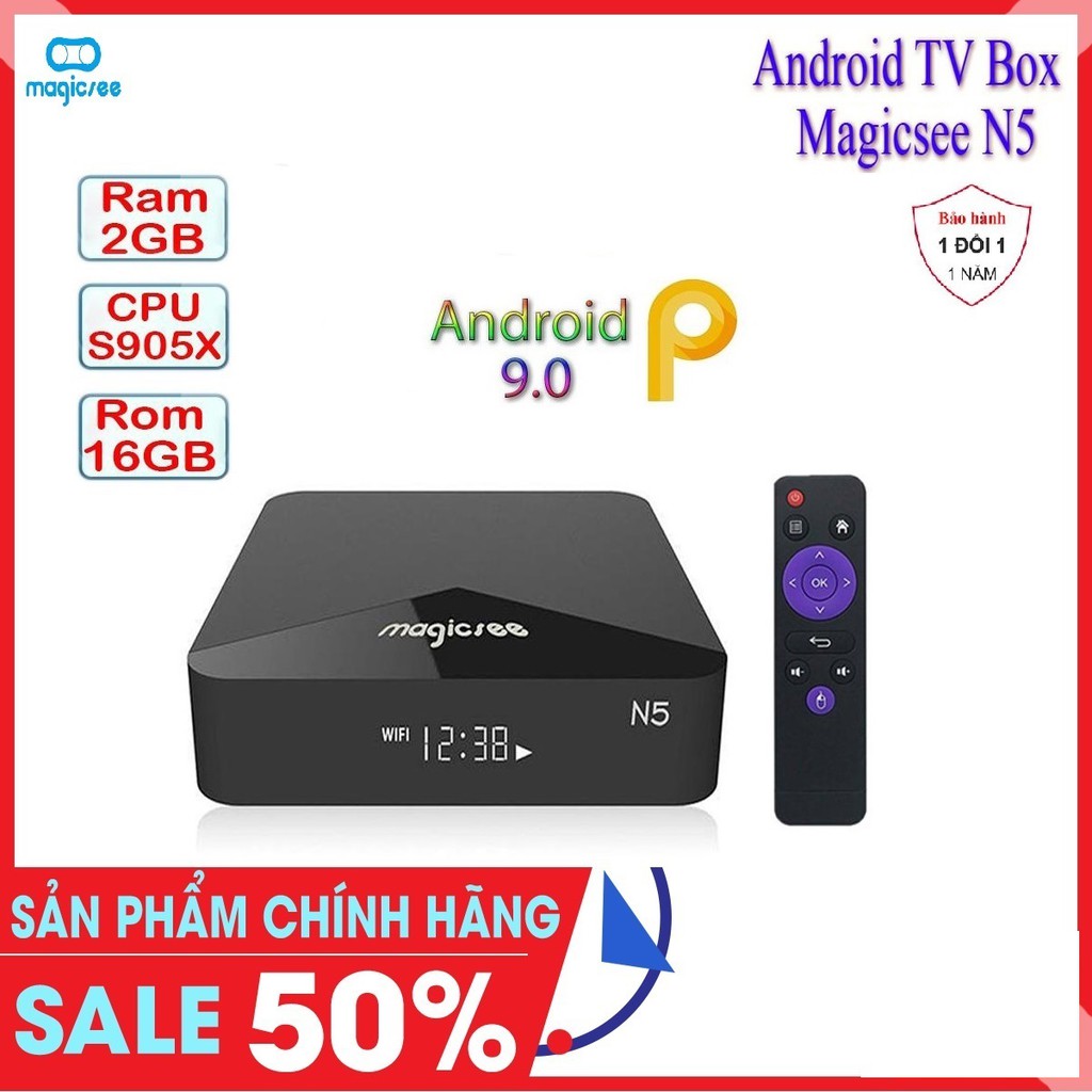 Android Tivi Box Magicsee N5 - Chip S905X - Android 9 - Ram 2GB Rom16GB - Xem Truyền Hình FREE - Bảo Hành 1 năm
