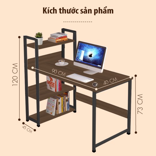 CHAIR Bàn làm việc Mẫu T90 học tập kèm kệ sách đa năng màu nâu socola khung đen (dài 90cm x rộng 40cm x cao 120cm)