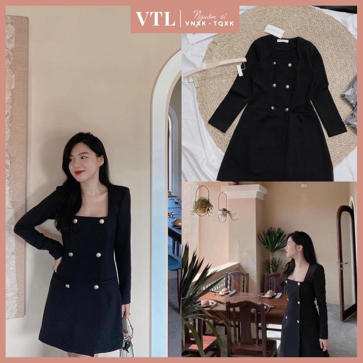 VÁY ĐEN CỔ VUÔNG 6 CÚC DÀI TAY CÁ TÍNH DÁNG VEST