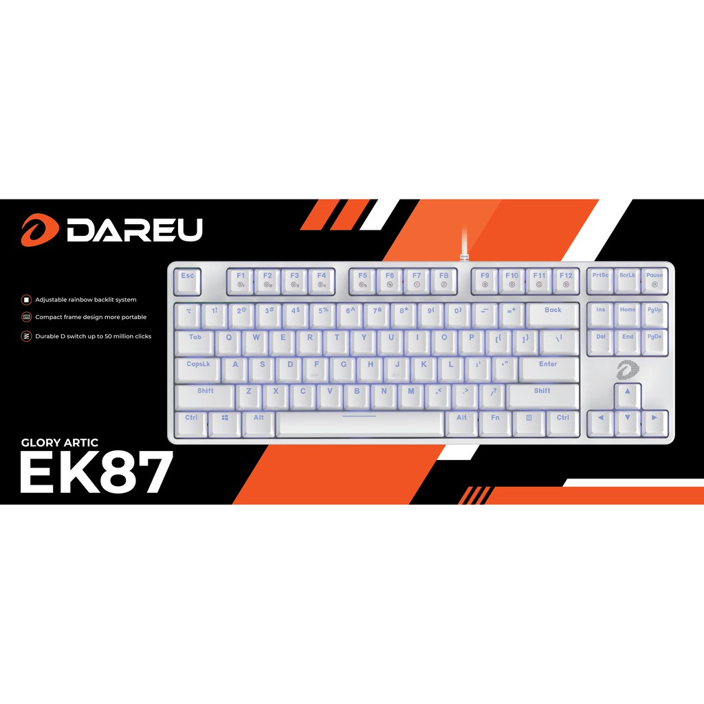 Bàn phím cơ Gaming DareU EK87 WHITE (ICE-BLUE LED, Blue/ Brown/ Red D switch) - Hàng chính hãng