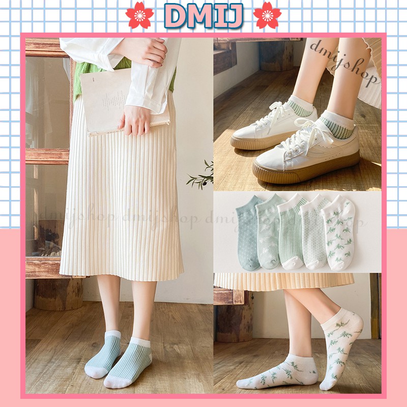 Tất Nữ Cổ Thấp Họa Tiết Xanh Lá Liễu Phong Cách Hàn Quốc Mới