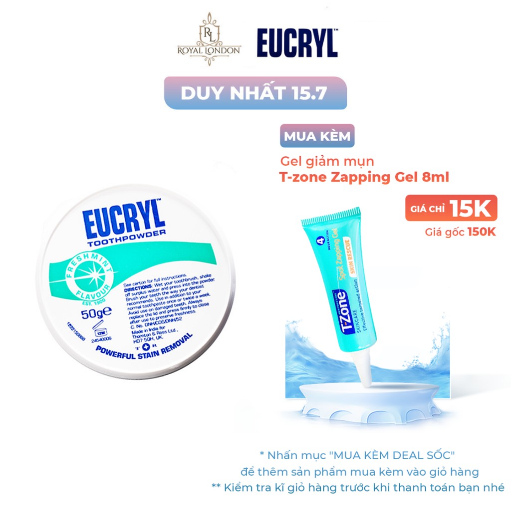 Bột Bạc Hà Giúp Sạch Miệng Trắng Răng, Hơi Thở Thơm Mát Eucryl Toothpower 50g
