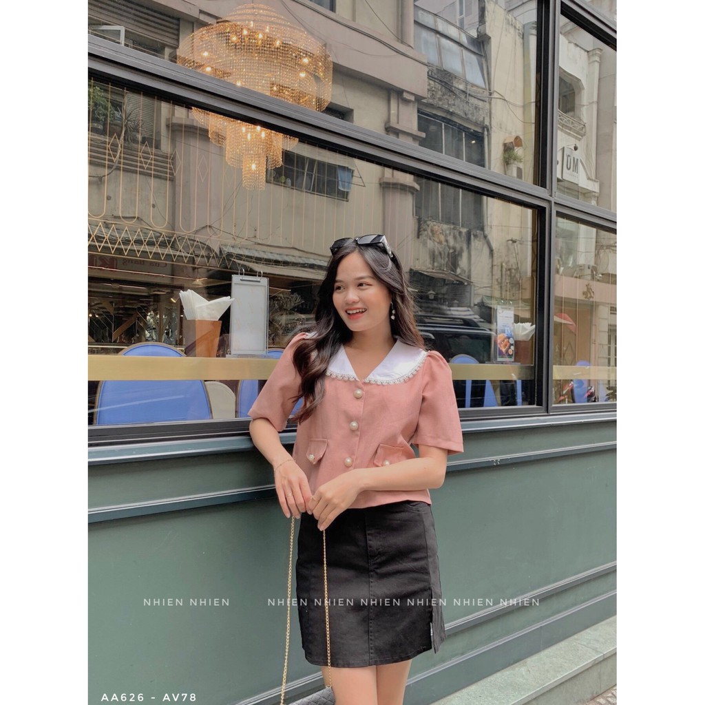 Áo kiểu nữ Nhiên vintage cổ sen có nút AA626