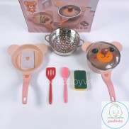 Bộ nồi chảo đá nấu ĂN DẶM chống dính cao cấp size 18 xuất hàn hình gấu cho bé Goodbabyvn
