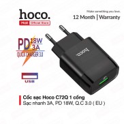 Cốc sạc nhanh Hoco C72Q 1 cổng USB sạc nhanh 3A, PD 18W, tương thích với nhiều thiết bị ( EU )