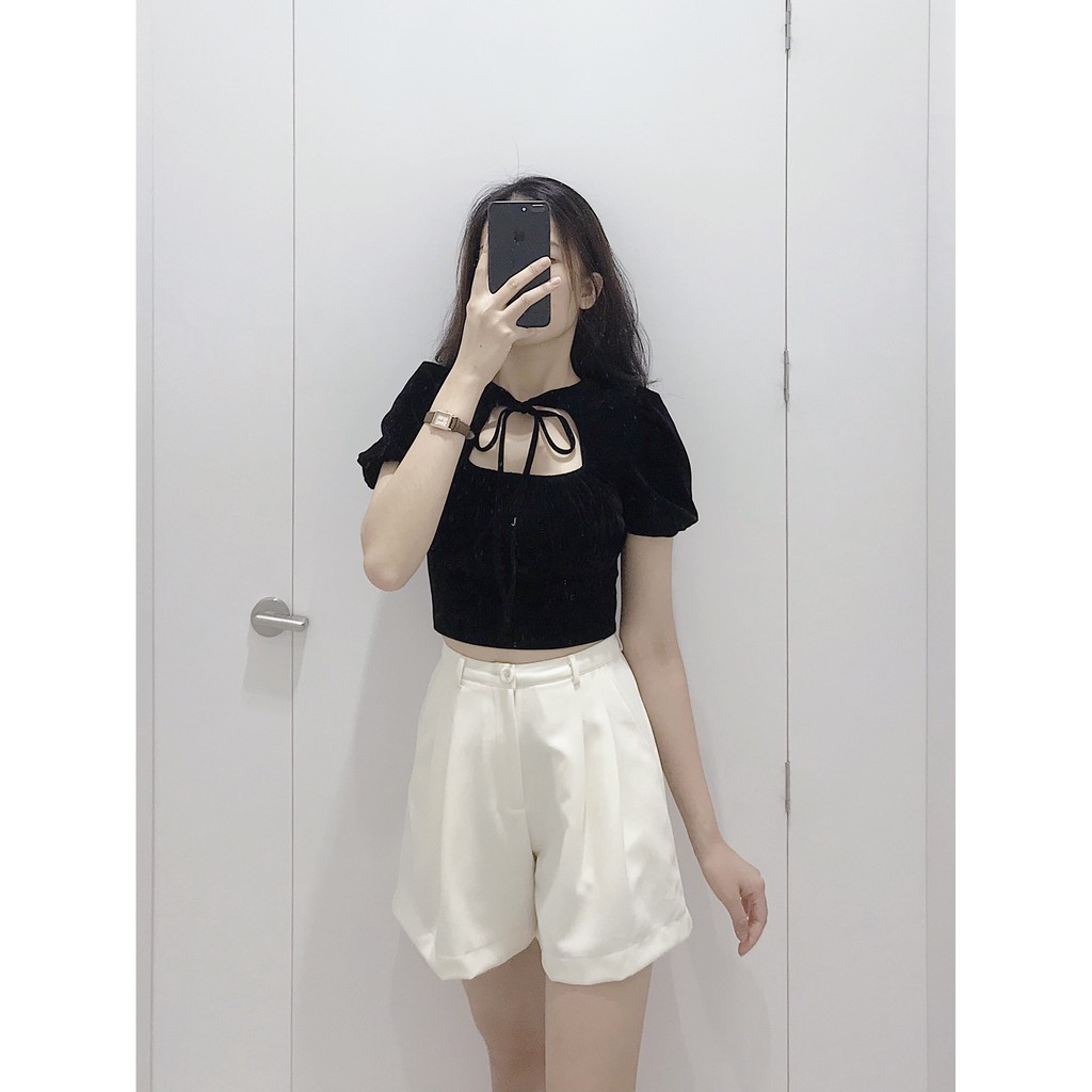 Áo kiểu crop cổ cột nơ - Dino Top
