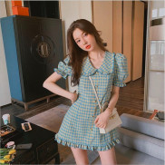 Váy babydoll xếp ly ở chân váy , đầm công sở nữ trắng kẻ caro siêu xinh mặc dự tiệc, đi chơi, đi biển đều đẹp M04
