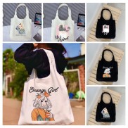 Túi tote vải canvas họa tiết cô gái dễ thương có khóa miệng