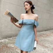 RECHIC Đầm Tibi Màu Xanh hai dây trễ vai đi chơi tiệc tay xếp ly thanh lịch dễ thương