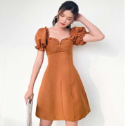 RECHIC Đầm Casta Màu Cam Đất cổ vuông nhún bèo ngực tay phồng tốn da thanh lịch dạo phố