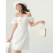 RECHIC Đầm Livia Màu Trắng hai dây trễ vai đính khuy ngực xinh xắn dễ thương