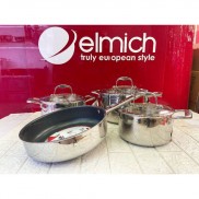Bộ nồi chảo elmich inox 304 cao cấp 3 lớp đáy liền Trimax XS EL-3744 size 18, 20, 24, chảo 26cm