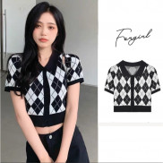 Áo crotop caro cộc tay cổ đức Forgirl đen trắng siêu chất