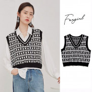 Áo gile thổ cẩm Đen dáng ngắn cổ V Forgirl cho nữ phong cách Hàn Quốc