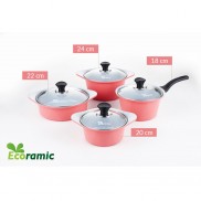 ECORAMIC (Dùng được bếp từ) -Bộ 4 nồi ceramic: nồi 1 tay cầm 18cm, Nồi 2 tay cầm 20-22-24cm tặng 1 cặp nhấc nồi sillicon