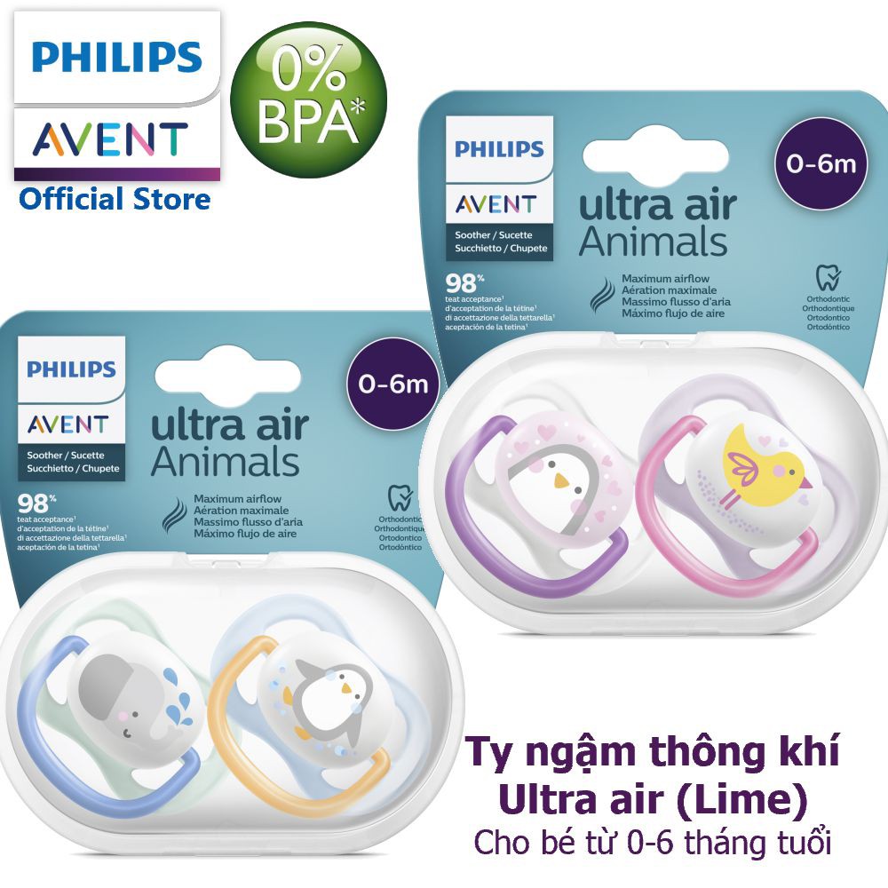 Ty ngậm thông khí Ultra air thương hiệu Philips Avent (dòng Lime) cho trẻ từ 0-6 tháng tuổi