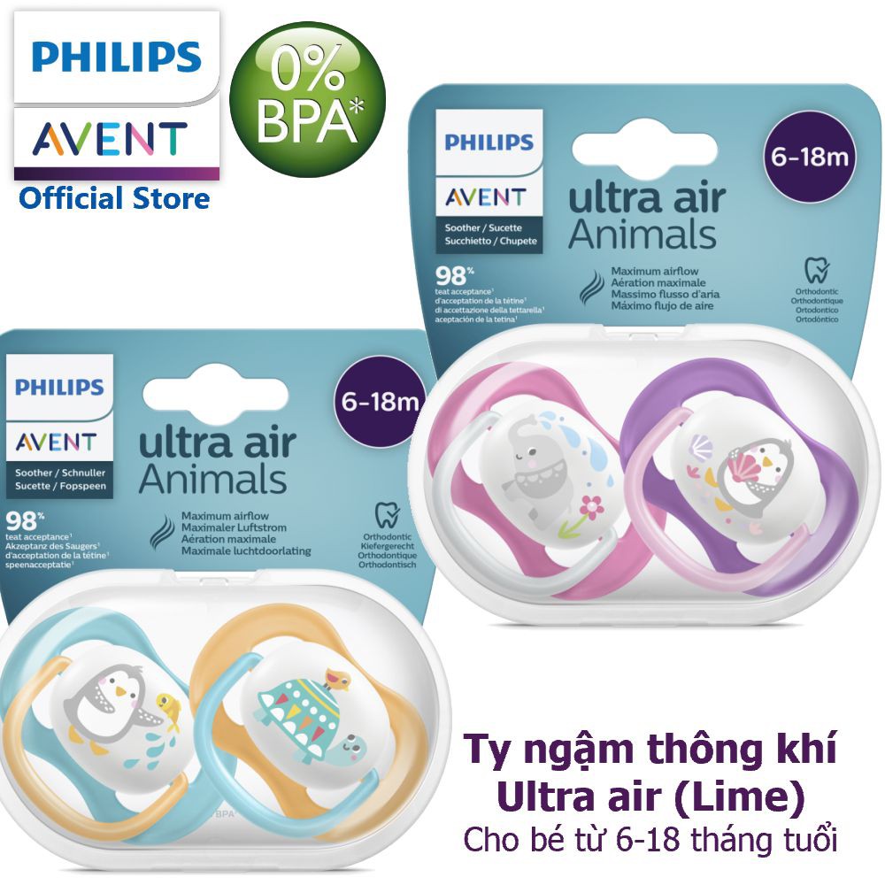 Ty ngậm thông khí Ultra air thương hiệu Philips Avent (dòng Lime) cho trẻ từ 6-18 tháng tuổi