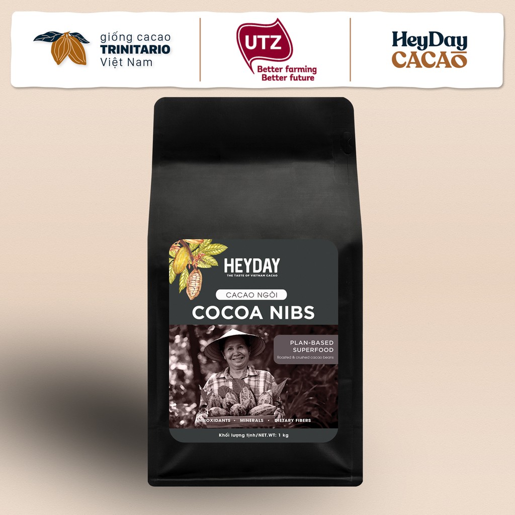 Cacao ngòi (Cocoa nibs) - Nhân hạt cacao rang tự nhiên túi 1kg - Heyday Cacao