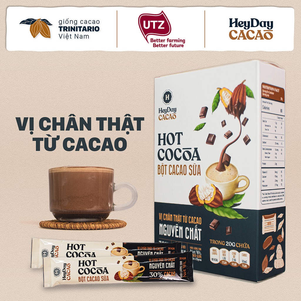 Bột Cacao Sữa Heyday - Đậm Vị Chân Thật Từ Cacao Nguyên Chất - Hộp Giấy 12 Gói x 20g