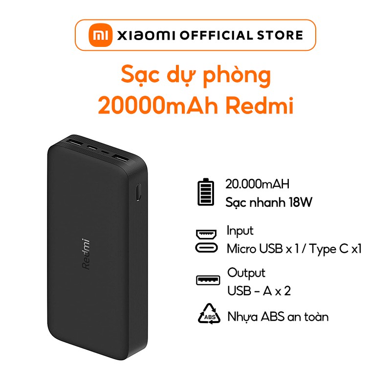 Pin Sạc Dự Phòng Xiaomi Redmi Power Bank 20000 mAh 18W - Chính hãng- BH 6 tháng