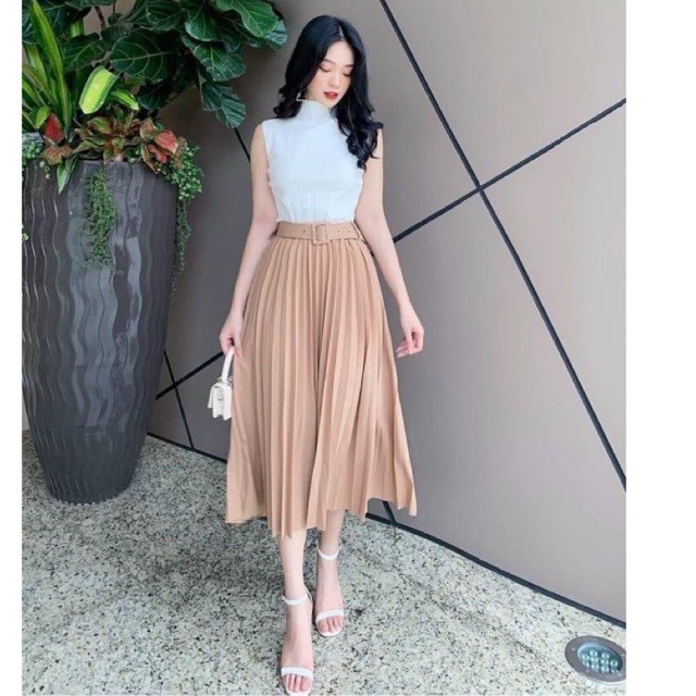 Chân váy dập ly kèm đai váy có đục lỗ, Chân váy dáng dài xếp ly không ánh nhũ CV1915 - NhiNhi Shop