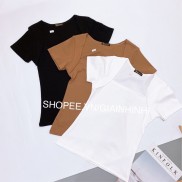 Áo thun kiểu cổ vuông cộc tay, Áo kiểu ngắn tay dáng ôm cổ U vải cotton co giãn CS1269 - NhiNhi Shop
