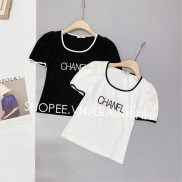 Áo thun kiểu cổ U thêu chữ CN dáng ôm cực đẹp, Áo kiểu ngắn tay cổ vuông CS1199 - NhiNhi Shop