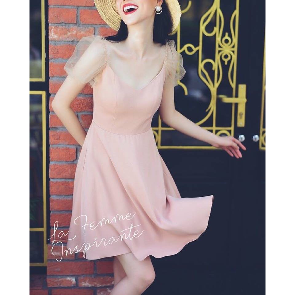 Đầm dự tiệc dáng xòe công sở Pink Naccy Dress tay phối lưới siêu xinh