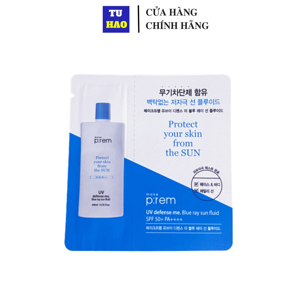 Mẫu Thử Sữa Chống Nắng Vật Lý Make P:rem UV Defense Me. Blue Ray Sun Fluid SPF 50+ PA++++ 1ml