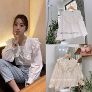 Áo sơ mi nữ viền ren cúc bọc tay dài màu trắng be phong cách thời trang Hàn Quốc -CKA169