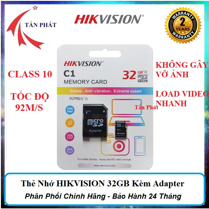 Thẻ Nhớ 32G 64G 128G HIKVISION CLASS 10 Chất Lượng Cao Kèm Adapter - Chính Hãng - BẢO HÀNH 24 THÁNG